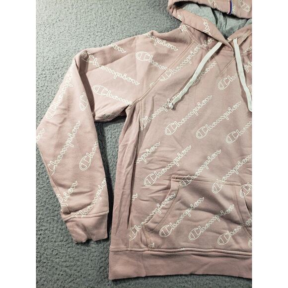 Champion Hoodie Women's Medium Pink All Over Print Sweatshirt Pullover Cotton - Picture 2 of 11